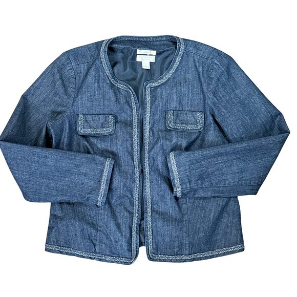 Christopher & Banks Open Front Denim Jacket Braided Silver Thread Trim - Large - Picture 2 of 10